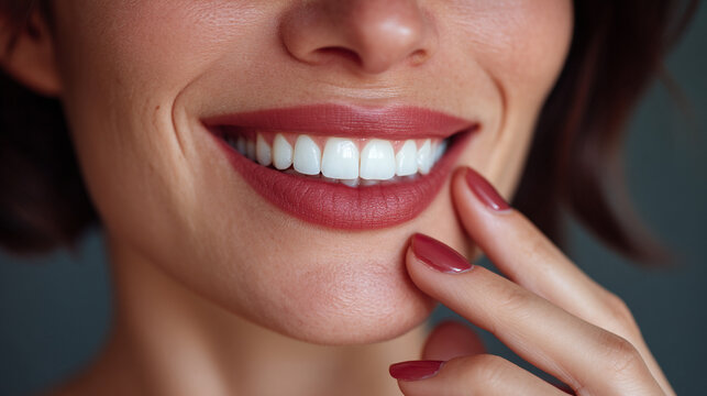 Close-up of a woman showing healthy white teeth and lipstick with dentistry lipstick cosmetic