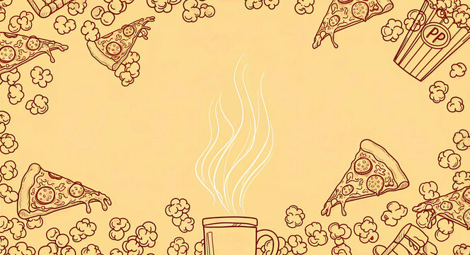Hand-drawn pizza slices and popcorn frame a steaming mug. Sketch illustration features a vintage doodle style with central copy space. Perfect for cafe menus, movie flyers, and food blog headers.