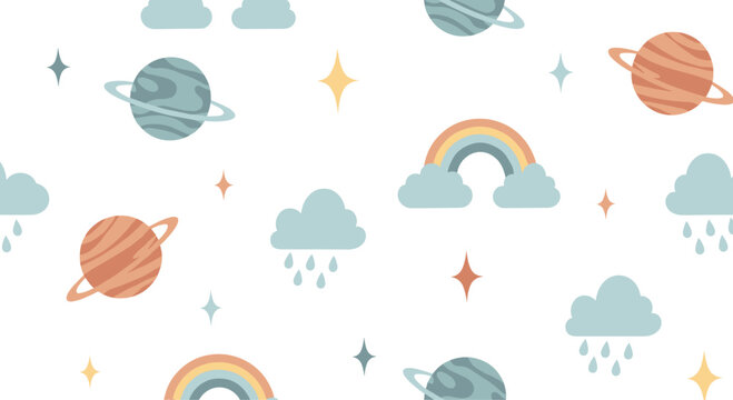 Playful seamless pattern of celestial elements including planets with rings, rainbows, clouds with raindrops, and twinkling stars on white.