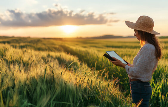 Farmer using tablet to analyze smart field data and monitor wheat quality on a digital farm. Generated imag