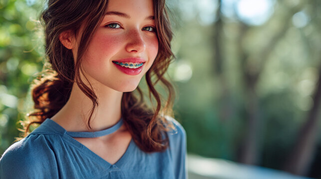 Teenage girl with braces and long brown hair outdoors teenager orthodontics portrait