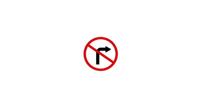 No right turn traffic sign animation on isolated white background
