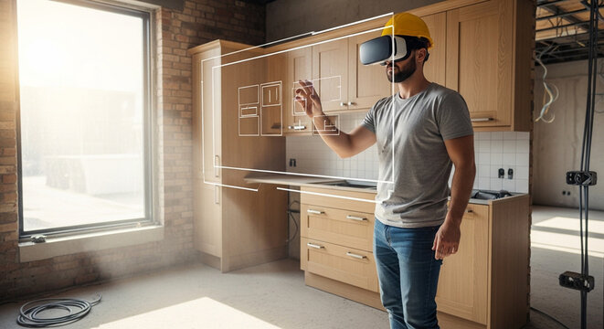 A man in a hard hat and VR headset visualizing a kitchen design in a construction environment.
