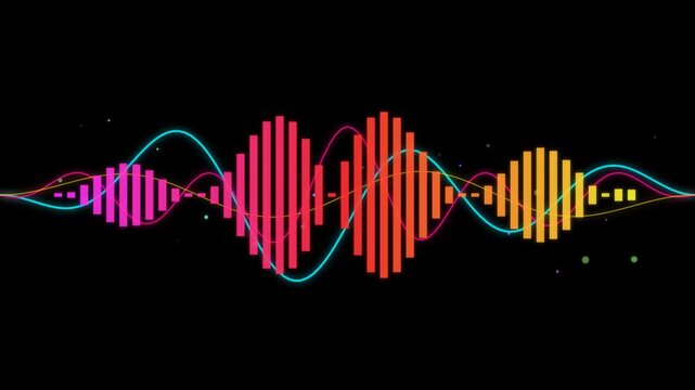 Vibrant sound wave visualization with colorful equalizer bars and flowing sine waves on a black background, representing audio spectrum analysis.