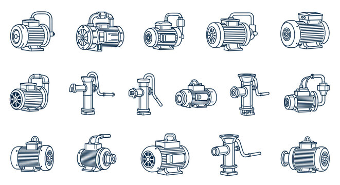 Technical line art collection of various industrial electric motors and water pumps for mechanical and engineering design purposes.