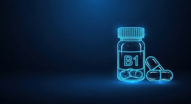 Glowing Neon Outline of a Vitamin B1 Supplement Bottle with Capsules Inside on a Dark Digital Background