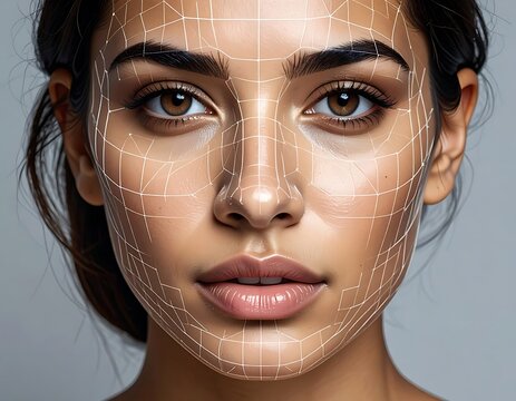A woman's face with facial grid lines for cosmetic analysis