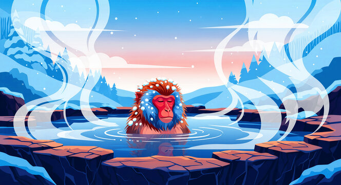 Japanese macaque relaxing in a steaming hot spring. Snow monkey sits peacefully in an outdoor onsen surrounded by winter mountains. Serene wellness concept for travel and spa marketing.