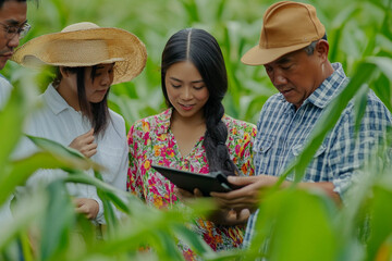 Fototapeta premium A diverse group of farmers inspecting smart farming technology in a field during autumn. Generated image