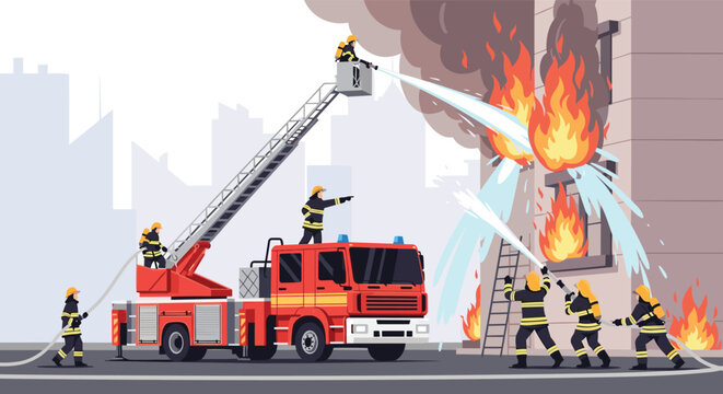 Courageous firefighters using a ladder truck and high pressure hoses to extinguish a dangerous fire in a city building.