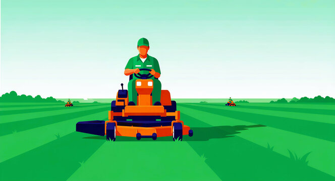 Professional landscaper driving a riding lawn mower across a green field. Worker performing lawn care and garden maintenance at an estate. Landscaping business concept for commercial marketing.