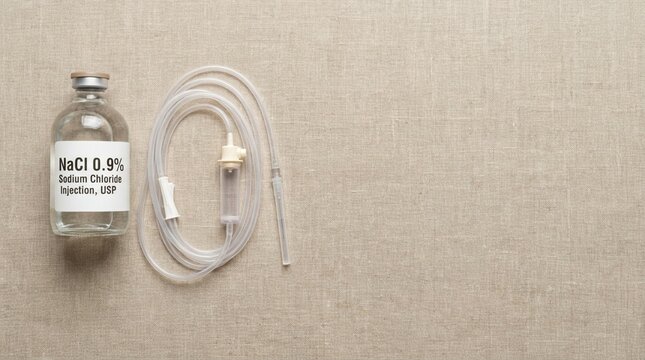 Medical intravenous saline solution bottle with drip IV infusion set on a textured linen background