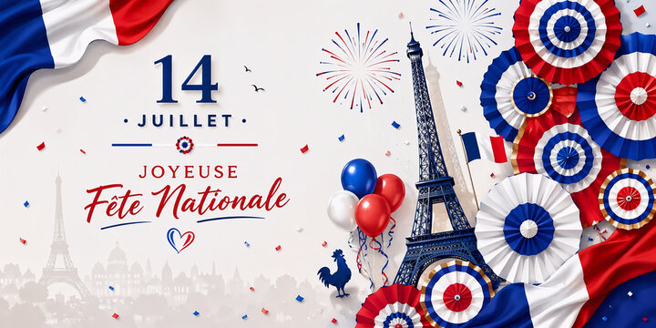 Bastille Day celebration with eiffel tower fireworks and french flag elements