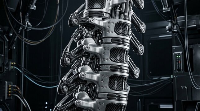 Close-up of a futuristic robotic spine with carbon fiber elements and complex mechanical joints