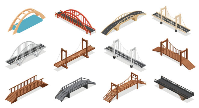 Isometric view of various bridge designs including suspension, arch, and footbridges made of different materials.