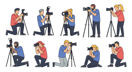 Fototapeta premium Set of professional photographers in different active poses using cameras on tripods to capture high quality images.