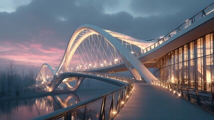 Fototapeta premium futuristic bridge at dusk with illuminated walkway