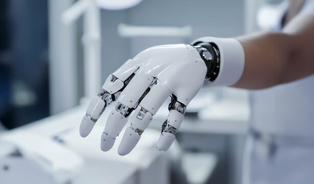 Robotics engineer calibrating a robotic prosthetic hand, showcasing advanced medical technology. Generated image