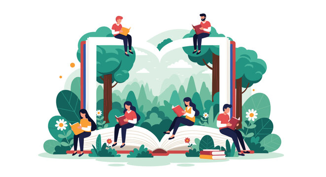 Group of diverse people sitting and reading on a massive open book surrounded by lush green trees and flowers in a garden.