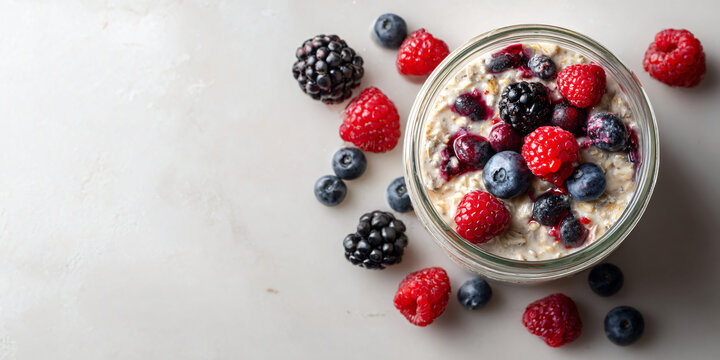 Overnight Oats Jar with Fresh Blueberries and Raspberries