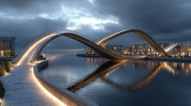 modern bridge over water at dusk