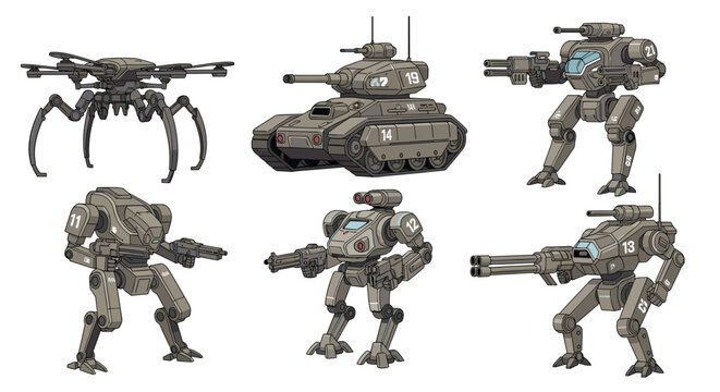 Assortment of futuristic military combat vehicles including a tank, a four-legged drone, and several bipedal robotic mechs.