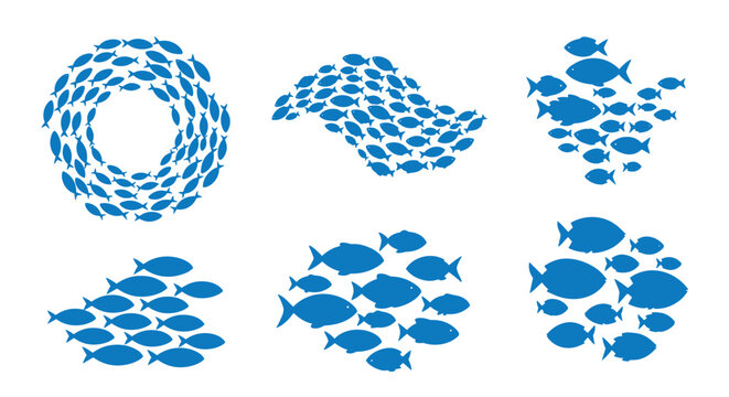 Various shapes of fish shoals swimming together in blue silhouettes including circular, wave-like, and triangular formation patterns.