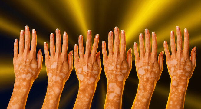 Multiple hands with vitiligo skin condition raised against a glowing yellow light background. Women showing depigmented patches on arms. Healthcare concept for skin diversity and awareness.