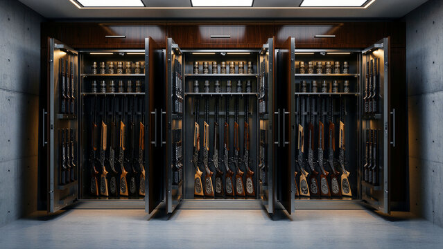 Luxury hunting rifles and shotguns stored in secure cabinets. Premium firearms and ammo canisters organized in a modern safe room. Home defense and safety concept for secure gun storage marketing.