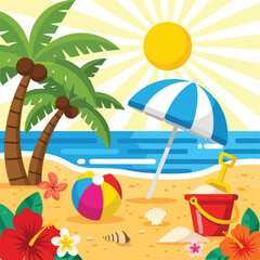 Obraz premium A colorful beach scene with palm trees, umbrella, and toys