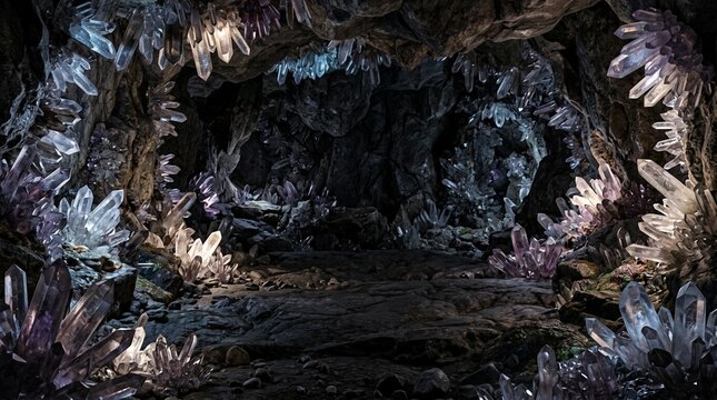 Enchanting cave interior filled with luminous crystals and rock formations, a magical underground landscape