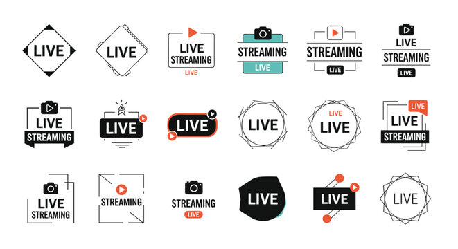 Collection of live streaming and broadcasting badges and logo elements with red play buttons, camera icons, and modern typography.