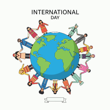 A colorful illustration of people holding hands around the globe