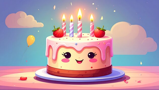 Adorable birthday cake illustration with lit candles, strawberries, and cute face