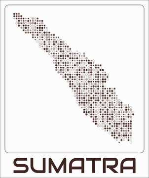 Sumatra digital style map. Small circle dots on white background. Dotted shape of the island. Sumatra map and title. Vibrant vector illustration.