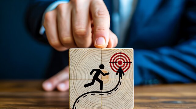Hand holding a target card with a running person symbol representing goal setting, business strategy, and success