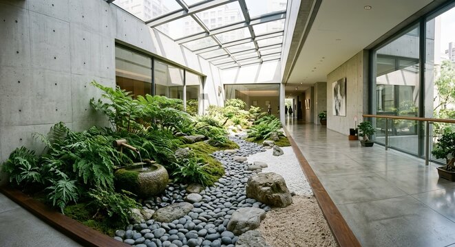 Modern Interior Architecture with Japanese Zen Garden and Natural Skylight