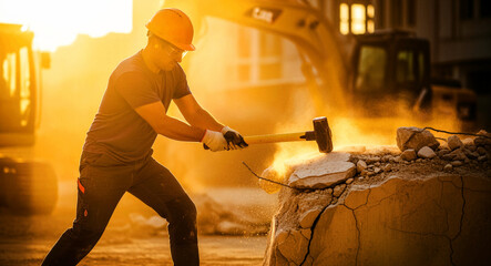 Fototapeta premium Construction worker hitting concrete with a sledgehammer at a demolition site. Laborer in a hard hat works during a golden sunset. Infrastructure development concept for industry ads.