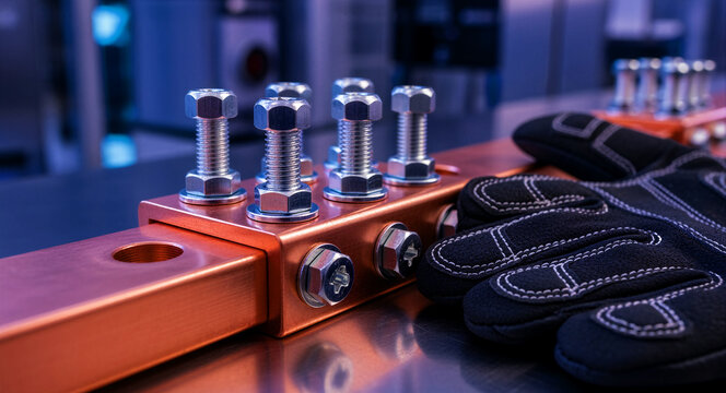 Copper busbars with steel bolts in an industrial facility. Professional work glove rests beside power distribution hardware. Industrial maintenance concept for energy and safety marketing.