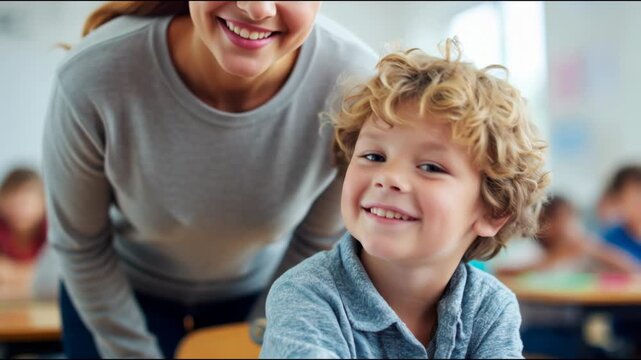 Friendly female teacher assisting a happy young boy with curly hair with his schoolwork in a classroom