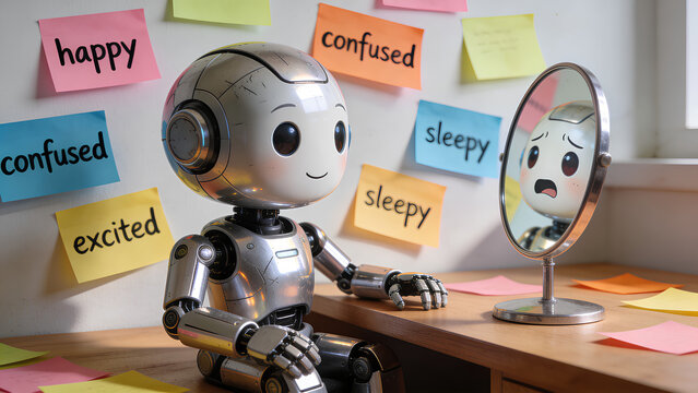 A cute robot with a happy expression looks into a mirror reflecting a sad face, surrounded by sticky notes with emotions.