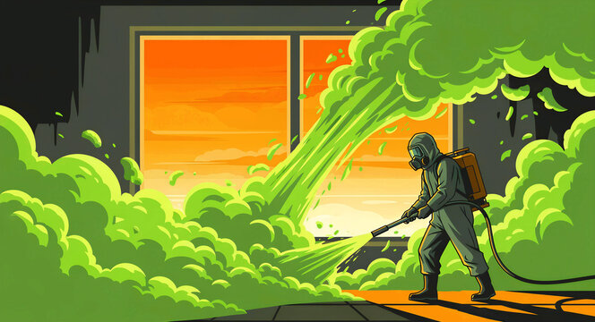 Person in hazmat suit spraying toxic green gas. Exterminator wearing a gas mask performing decontamination in a factory. Biohazard and environmental crisis concept for safety training and response.