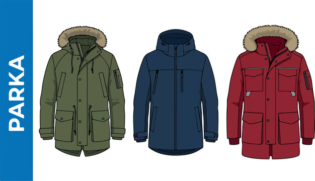 Three colorful parkas with fur-lined hoods on display for fashion