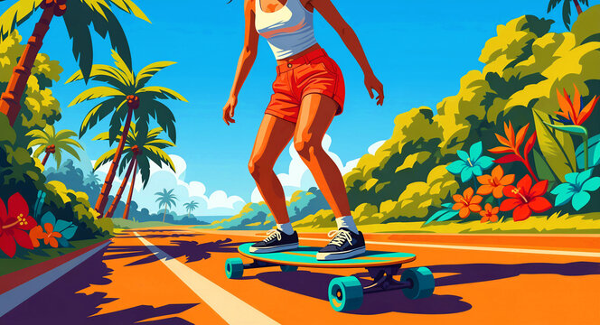 Woman riding a longboard on a tropical coastal road. Vibrant vector style illustration of a summer skating scene with palm trees. Outdoor activity and travel lifestyle concept for youth marketing.