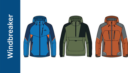Three colorful windbreakers with hoods on display for fashion and lifestyle © FRIDA STORE