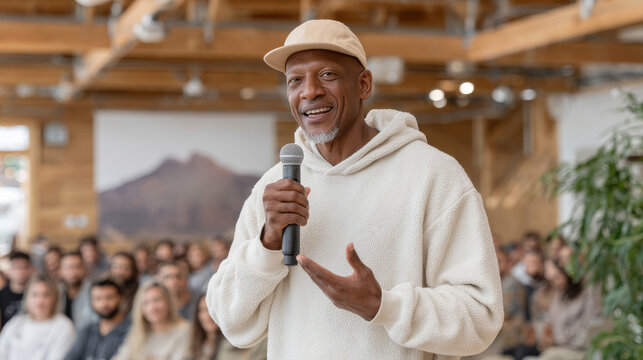 A charismatic speaker in a casual hoodie and cap addresses a diverse audience, holding a microphone in a warm, inviting, and professional event space.