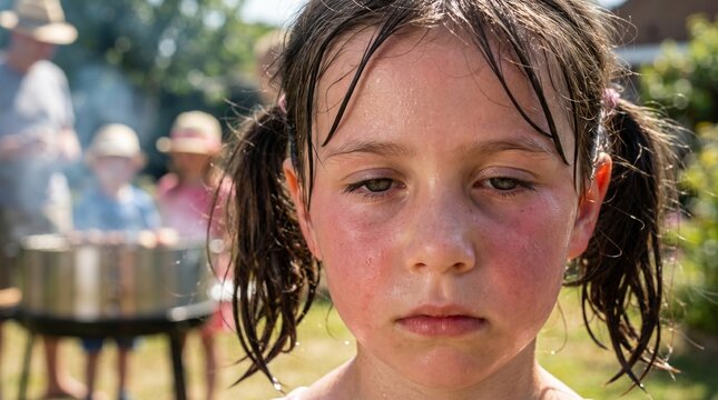 Close-up of a little girl suffering from severe overheating and sweating during a family BBQ in extreme summer heat. Concept of child heatstroke and dehydration