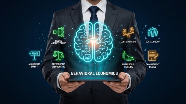 Businessman holding tablet with behavioral economics concept and brain graphics