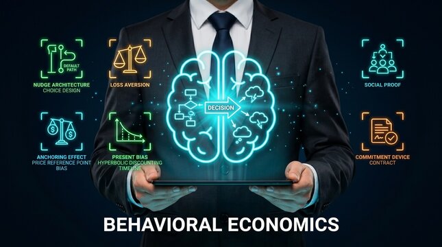 Businessman presenting behavioral economics concepts on a tablet with various icons