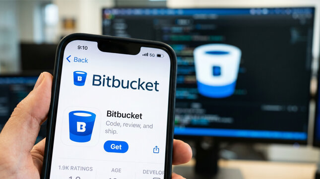 Closeup of a hand holding a smartphone displaying the Bitbucket app store page with a computer monitor in the background showing code and the logo, git repository and devops developer platform.